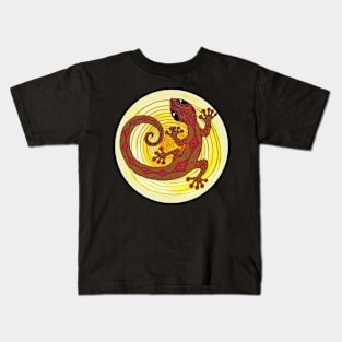 Gold Gecko Lizard in a Sun Spiral Kids T-Shirt